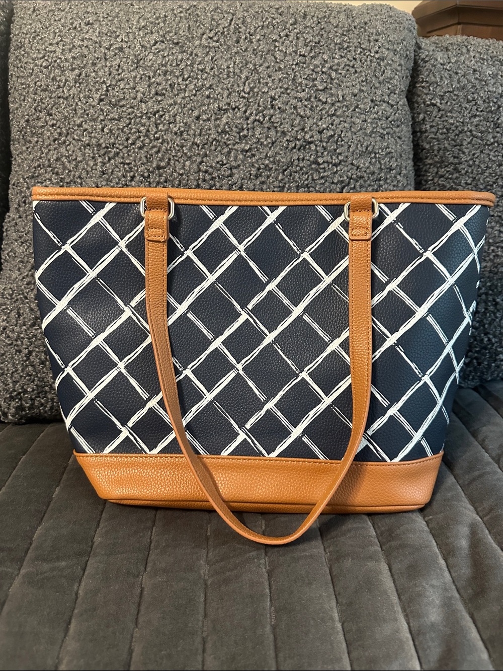 Classic Navy Lattice Tote with Tan Trim